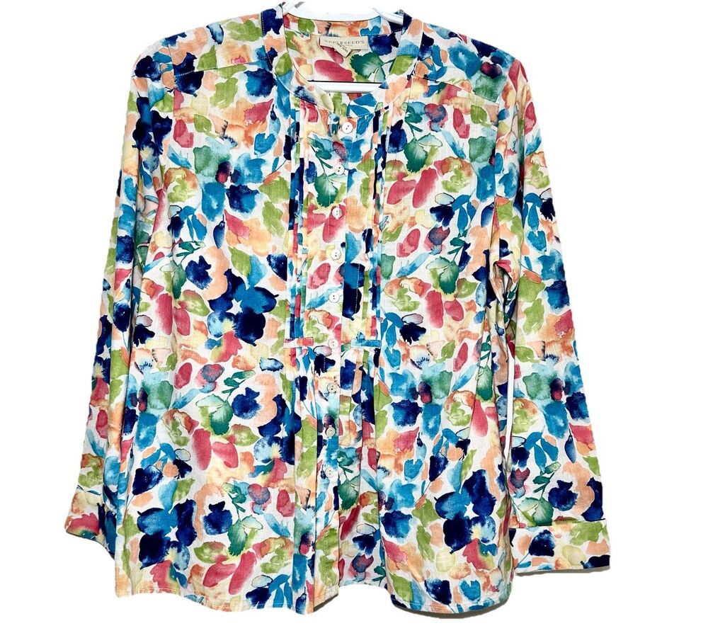 Appleseed’s PM Linen Look Cotton Floral Pintuck Button Tab Sleeve Blouse